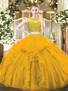 Custom Design Gold Two Pieces Beading and Ruffles Quinceanera Gowns Zipper Tulle Sleeveless Floor Length