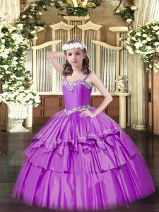 Floor Length Lilac Child Pageant Dress Straps Sleeveless Lace Up