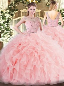 Bateau Sleeveless Tulle Quinceanera Gown Beading and Ruffles Zipper