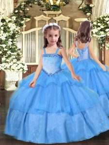 Fashionable Baby Blue Lace Up Straps Appliques Little Girl Pageant Gowns Organza Sleeveless
