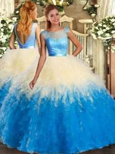 Flare Sleeveless Backless Floor Length Lace and Ruffles Sweet 16 Quinceanera Dress