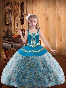 Elegant Fabric With Rolling Flowers Straps Sleeveless Lace Up Embroidery and Ruffles Girls Pageant Dresses in Multi-color
