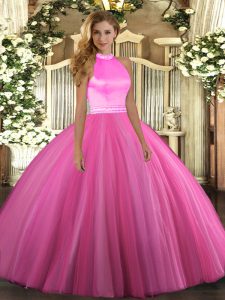 Floor Length Backless Quinceanera Gown Rose Pink for Military Ball and Sweet 16 and Quinceanera with Beading