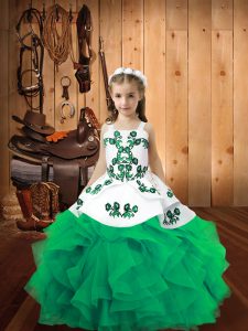 Inexpensive Turquoise Ball Gowns Straps Sleeveless Organza Floor Length Lace Up Embroidery and Ruffles Little Girl Pageant Gowns
