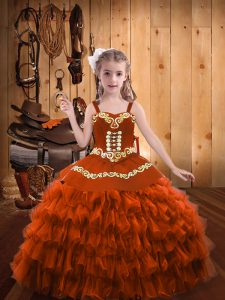 Luxurious Rust Red Lace Up Straps Embroidery and Ruffled Layers Custom Made Pageant Dress Organza Sleeveless