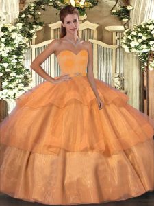 Orange Sleeveless Organza Lace Up Quince Ball Gowns for Military Ball and Sweet 16 and Quinceanera