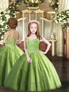 Sleeveless Tulle Floor Length Lace Up Pageant Gowns in Olive Green with Beading