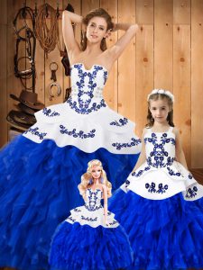Strapless Sleeveless Lace Quinceanera Dresses Embroidery and Ruffles Lace Up