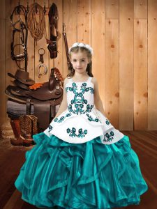 Luxurious Floor Length Ball Gowns Sleeveless Teal Little Girl Pageant Dress Lace Up