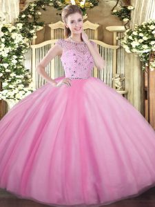 Rose Pink Sleeveless Beading Floor Length Ball Gown Prom Dress