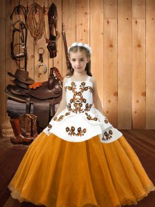 High Quality Orange Lace Up Little Girl Pageant Gowns Embroidery Sleeveless Floor Length