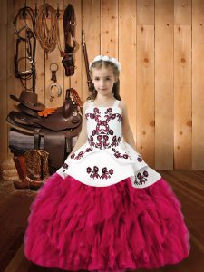 Fuchsia Sleeveless Floor Length Embroidery and Ruffles Lace Up Glitz Pageant Dress