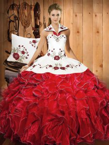 Flare Floor Length Ball Gowns Sleeveless White And Red Quince Ball Gowns Lace Up