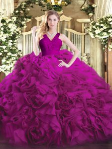Gorgeous Organza and Fabric With Rolling Flowers V-neck Sleeveless Zipper Ruffles 15 Quinceanera Dress in Fuchsia