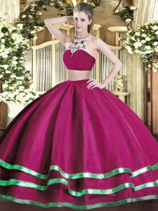 Attractive Fuchsia Sleeveless Floor Length Beading Backless Ball Gown Prom Dress