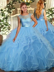 Inexpensive Scoop Sleeveless Backless Sweet 16 Dresses Baby Blue Tulle