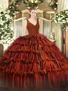 Fashion Rust Red Ball Gowns Beading and Lace and Ruffled Layers Ball Gown Prom Dress Backless Organza Sleeveless Floor Length