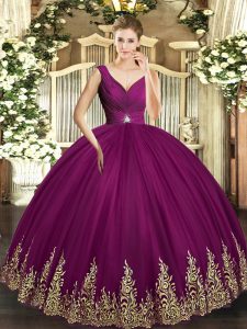 Fuchsia Backless 15 Quinceanera Dress Beading and Appliques and Ruching Sleeveless Floor Length