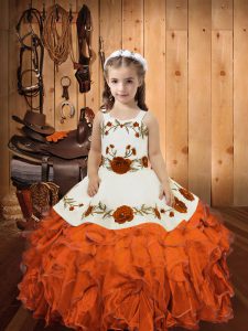 Low Price Floor Length Orange Red Little Girl Pageant Dress Organza Sleeveless Embroidery and Ruffles