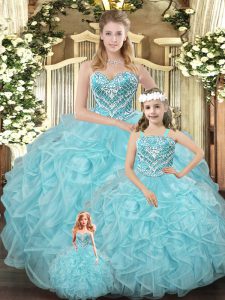 Aqua Blue Lace Up Sweetheart Beading and Ruffles Quinceanera Gown Organza Sleeveless