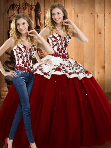 Top Selling Floor Length Wine Red Sweet 16 Dress Satin and Tulle Sleeveless Embroidery