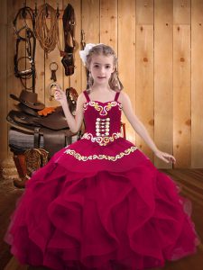 High Quality Fuchsia Lace Up Straps Embroidery and Ruffles Pageant Gowns For Girls Organza Sleeveless