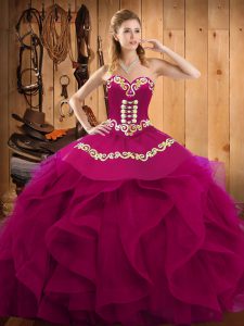 Fuchsia Ball Gowns Organza Sweetheart Sleeveless Embroidery and Ruffles Floor Length Lace Up Quinceanera Dresses