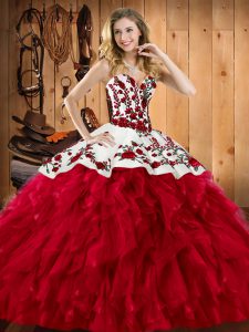 Wonderful Sleeveless Floor Length Embroidery and Ruffles Lace Up Quinceanera Gown with Wine Red