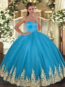 Beauteous Baby Blue Sleeveless Tulle Lace Up 15 Quinceanera Dress for Military Ball and Sweet 16 and Quinceanera
