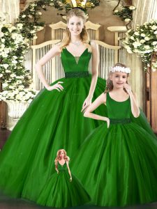 Stunning Green 15 Quinceanera Dress Military Ball and Sweet 16 and Quinceanera with Embroidery V-neck Sleeveless Zipper
