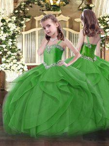 New Arrival Floor Length Green Little Girls Pageant Dress Wholesale Tulle Sleeveless Beading and Ruffles