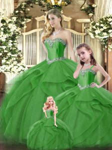 Green Ball Gowns Ruffles 15th Birthday Dress Lace Up Organza Sleeveless Floor Length