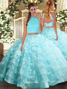 Clearance Halter Top Sleeveless Backless Quinceanera Dresses Aqua Blue Organza