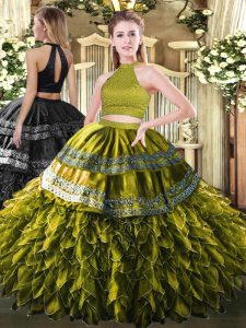 Satin and Organza Sleeveless Floor Length 15 Quinceanera Dress and Beading and Embroidery and Ruffles