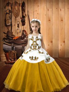 Embroidery Little Girls Pageant Dress Gold Lace Up Sleeveless Floor Length