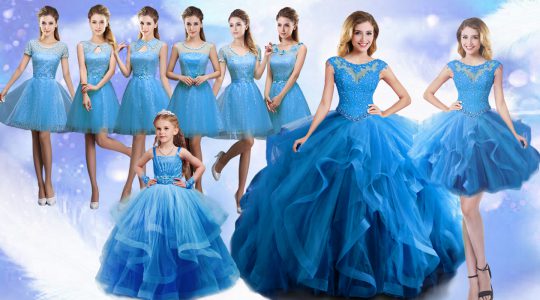Baby Blue Scoop Lace Up Beading and Ruffles Quinceanera Gown Sleeveless