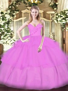 On Sale Floor Length Zipper Quince Ball Gowns Lilac for Military Ball and Sweet 16 and Quinceanera with Ruffled Layers