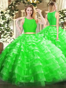 Hot Sale Scoop Sleeveless Ball Gown Prom Dress Floor Length Lace and Ruffled Layers Green Organza