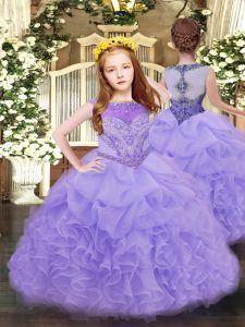 Attractive Sleeveless Organza Floor Length Zipper Kids Pageant Dress in Lavender with Beading and Ruffles and Pick Ups