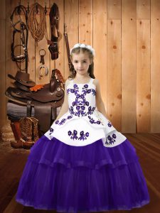 Tulle Straps Sleeveless Lace Up Embroidery Little Girls Pageant Gowns in Purple