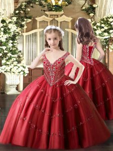 Beading and Appliques Kids Formal Wear Red Lace Up Sleeveless Floor Length