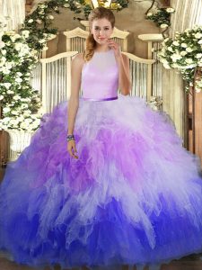 Tulle Sleeveless Floor Length Quinceanera Dress and Beading and Ruffles