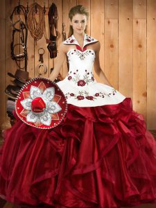 Fancy Halter Top Sleeveless Quince Ball Gowns Floor Length Embroidery and Ruffles Wine Red Organza