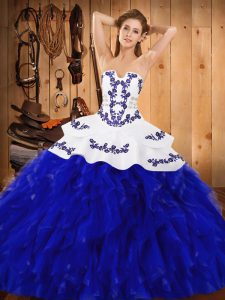 Blue And White Sleeveless Satin and Organza Lace Up Sweet 16 Dresses for Military Ball and Sweet 16 and Quinceanera