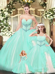 Aqua Blue Sleeveless Beading Floor Length Quinceanera Gown