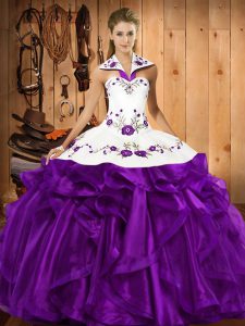 Purple Sleeveless Floor Length Embroidery and Ruffles Lace Up Sweet 16 Dresses