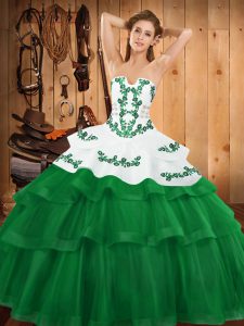 Custom Made Green Tulle Lace Up Strapless Sleeveless Sweet 16 Quinceanera Dress Sweep Train Embroidery and Ruffled Layers