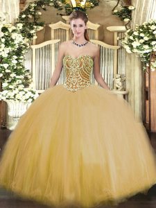 Artistic Tulle Sweetheart Sleeveless Lace Up Beading Quinceanera Gown in Gold