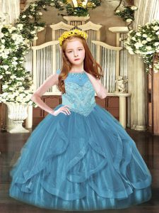 Top Selling Teal Sleeveless Floor Length Beading and Ruffles Zipper Little Girls Pageant Gowns