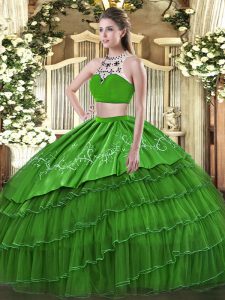 Simple Green Tulle Backless High-neck Sleeveless Floor Length Quinceanera Dresses Beading and Embroidery and Ruffles